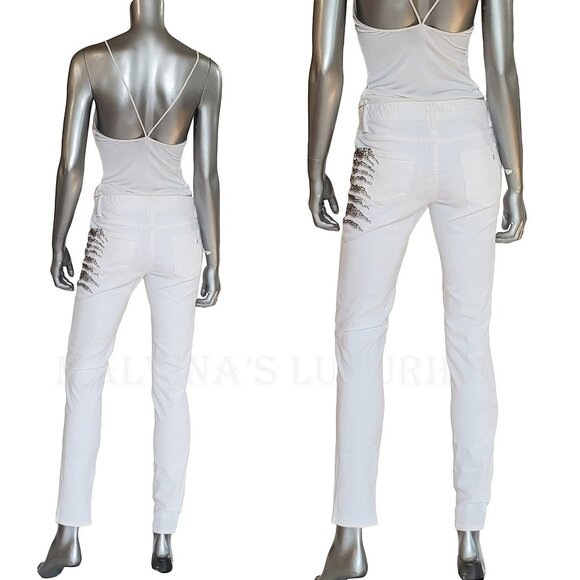 JUST CAVALLI BY ROBERTO CAVALLI JEANS WHITE w CRYSTALS SKINNY PANTS sz 29 US 6 - Picture 4 of 14